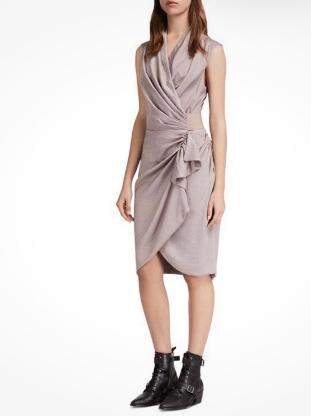 All saints allsaints cancity rouched Draped Wrap Dress Mauve soft pink 2 small